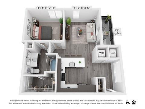 Floor plan for 1 bed, 1 bath, 724 sqft